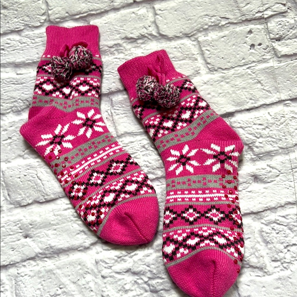 Cozy Pink Patterned thick slipper Socks with grippers